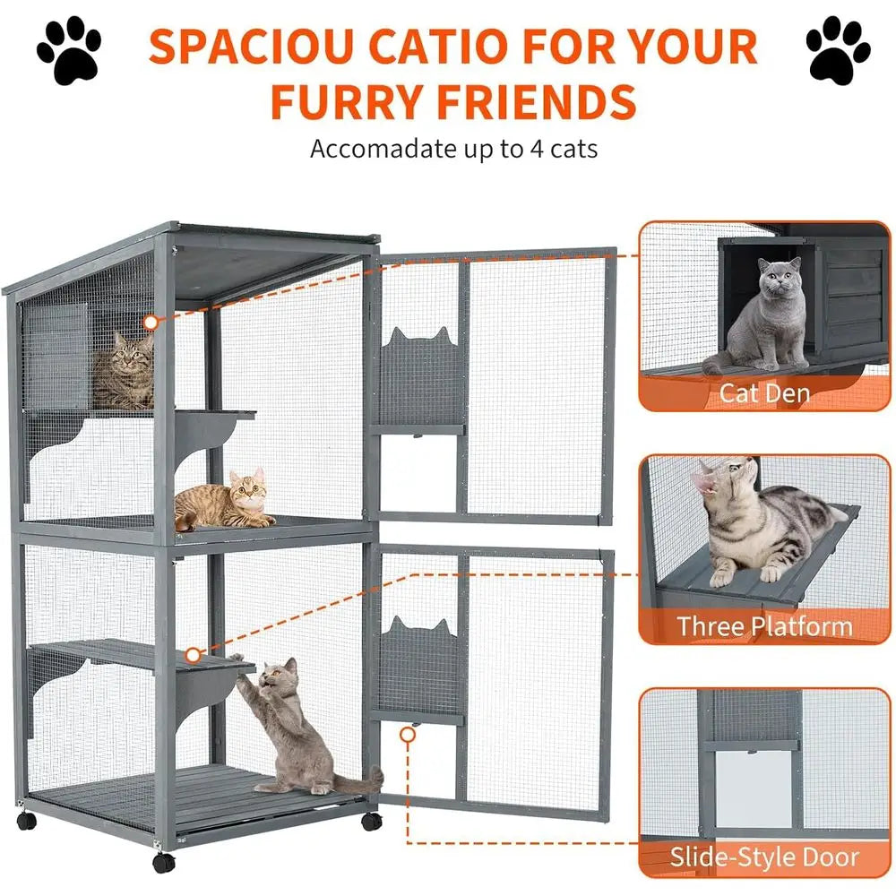 Waterproof Outdoor Catio Enclosure With Lockable Wheels And Platforms