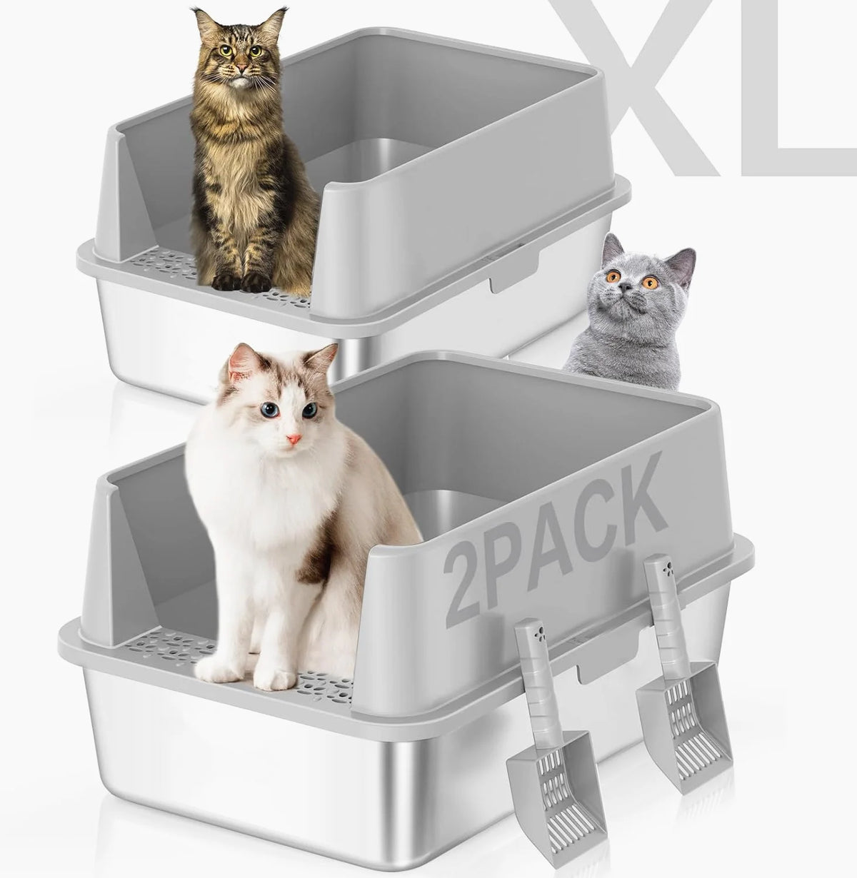 2PACK Stainless Steel Cat Litter Box with High Sides Lid, Extra Large XL Litter Box for Big Cats, Metal Kitty Litter Boxes