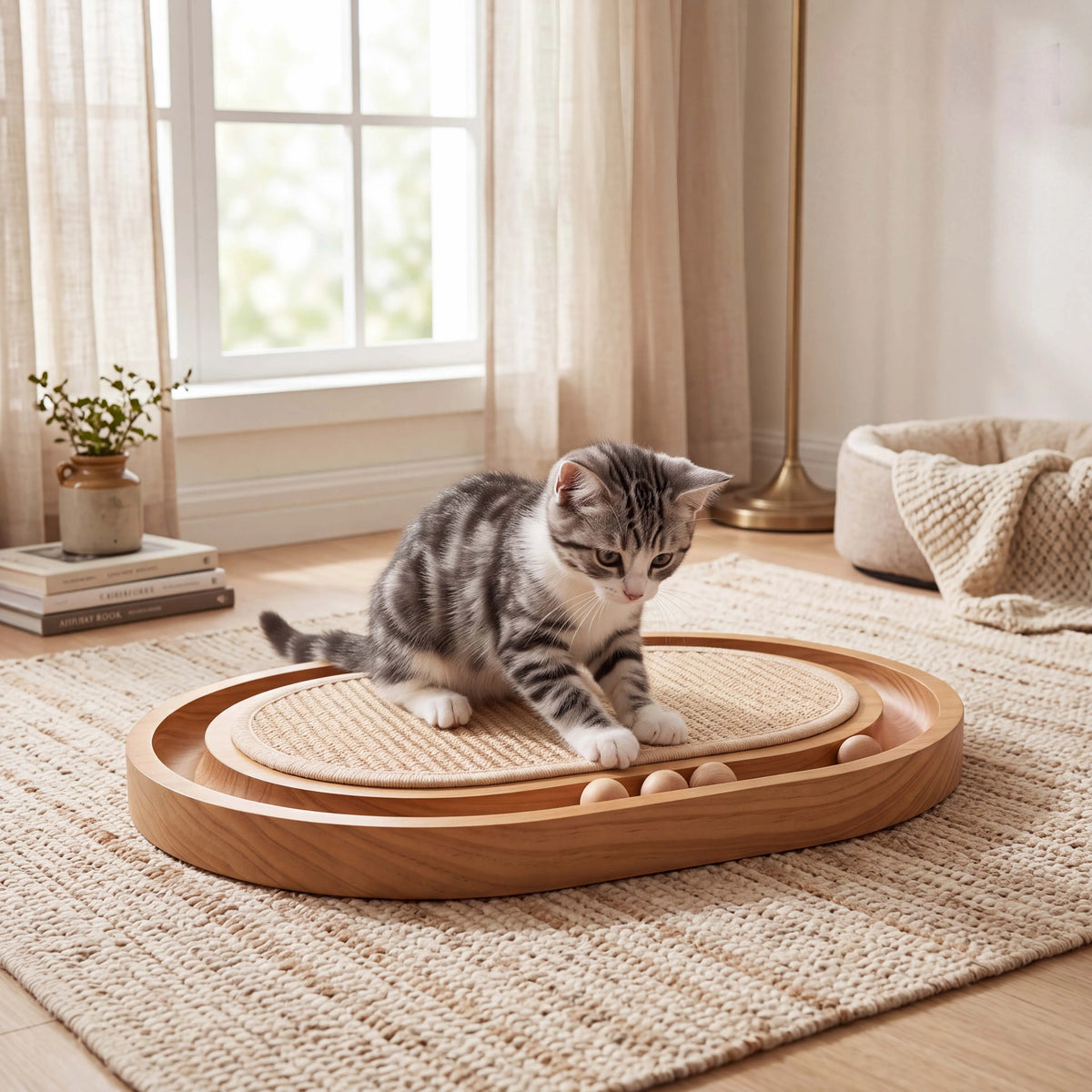 3-in-1 Wooden Cat Scratcher Toy with Sisal and Rolling Balls