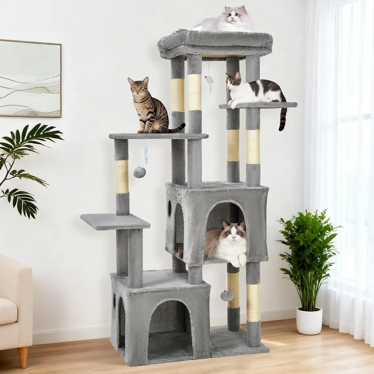 Large Indoor Cat Tree With Scratching Posts And Hanging Toys