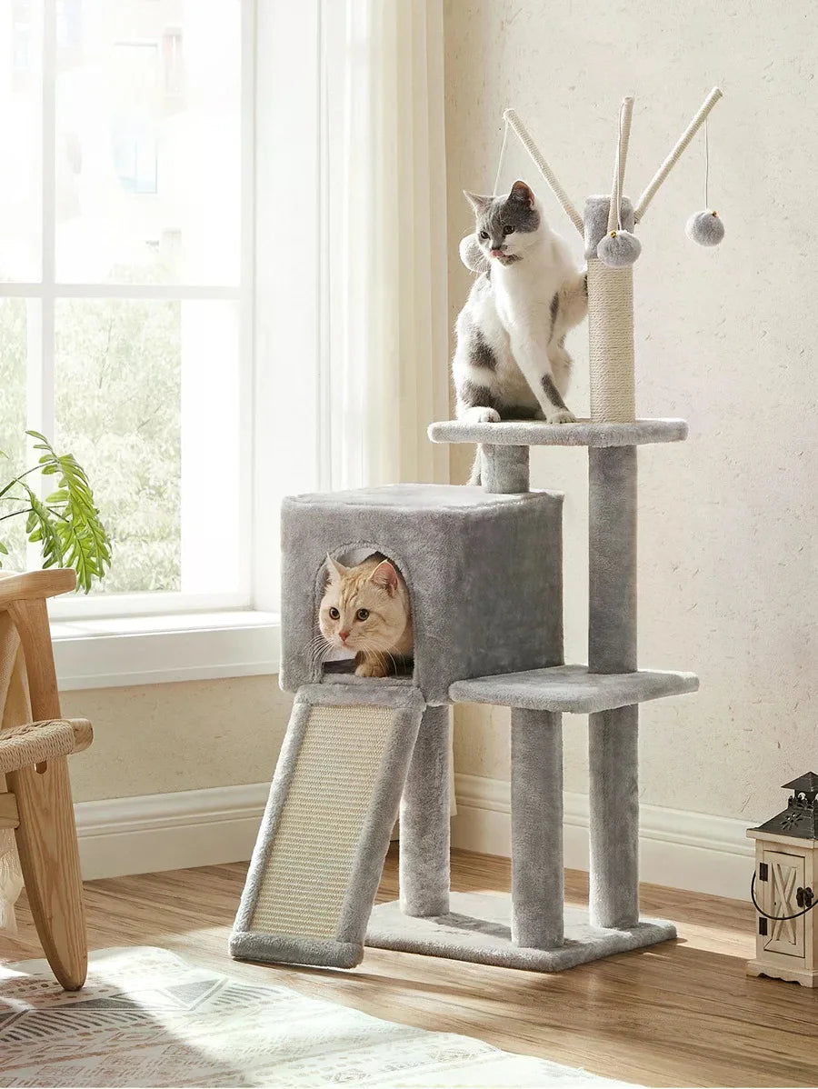 Multi Tier Plush Cat Tree With Scratching Post And Ramp