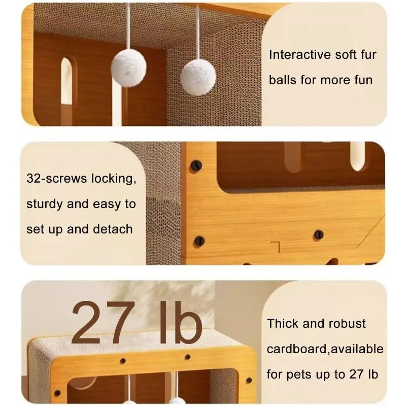 Enclosed Cat Scratcher House With Two Level Bed And Toy