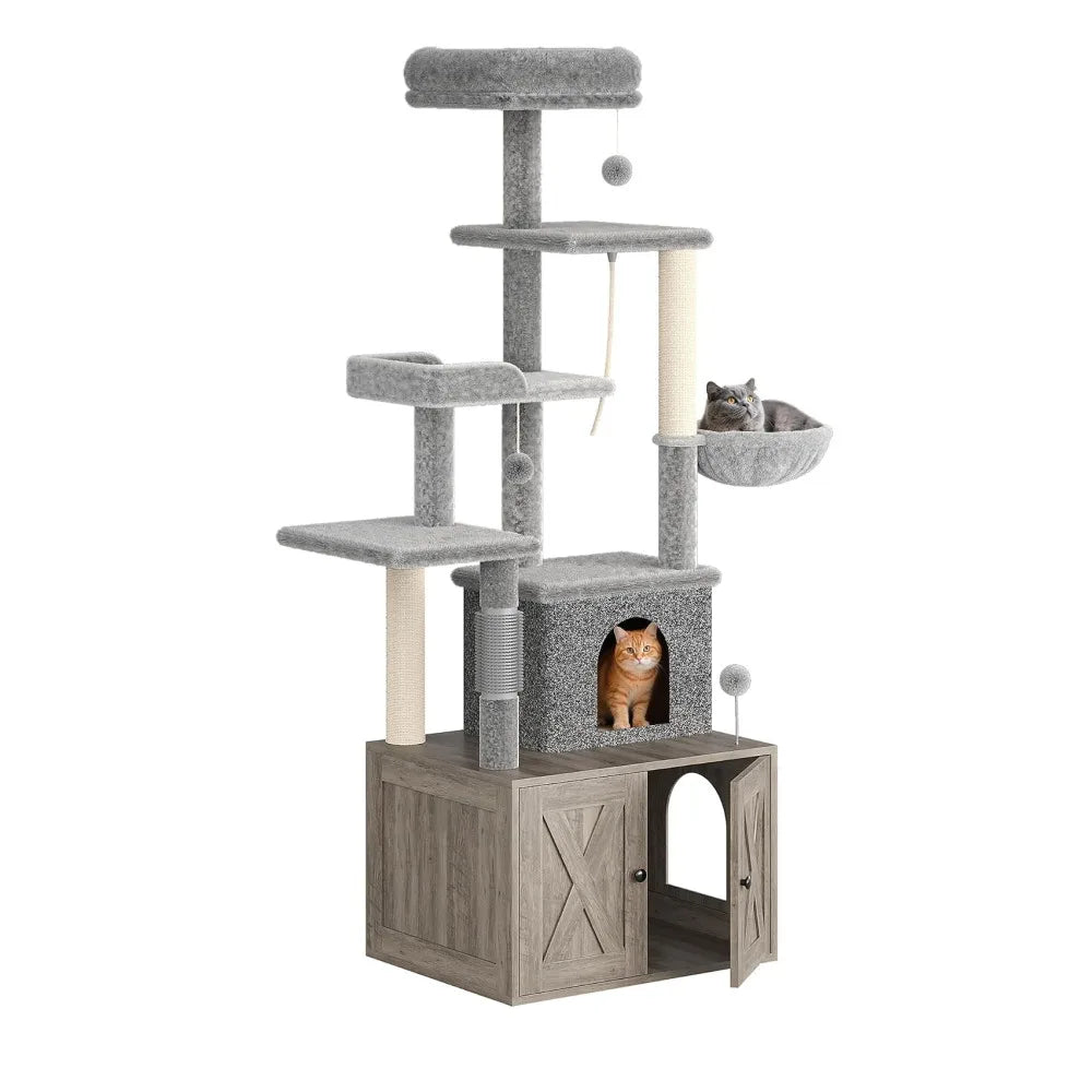Modern Cat Tree With Hidden Litter Box Condo And Hammock