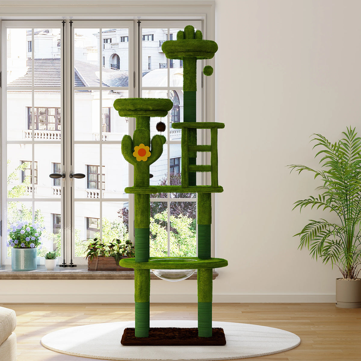 72" Cactus Cat Tree with Transparent Capsule, Tall Cat Tower Condo with Sisal Scratching Posts, Plush Perches & Hanging Toys, Multi-Level Activity Center for Large Indoor Cats