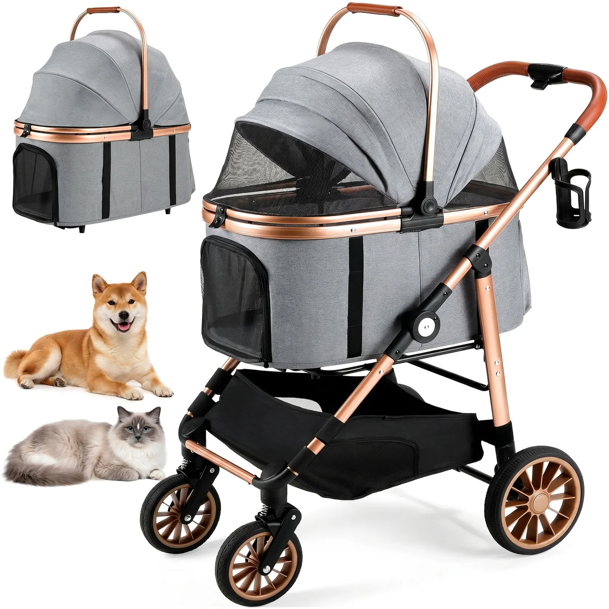 Foldable All Terrain Three In One Pet Stroller With Basket
