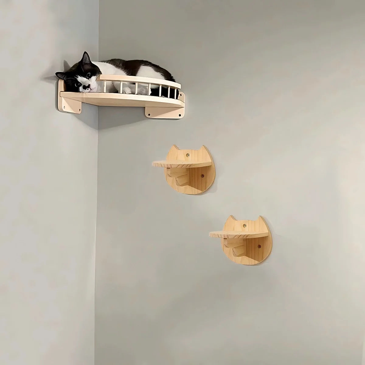 CWV Wall Mounted Corner Cat Wooden Hammock Steps Set