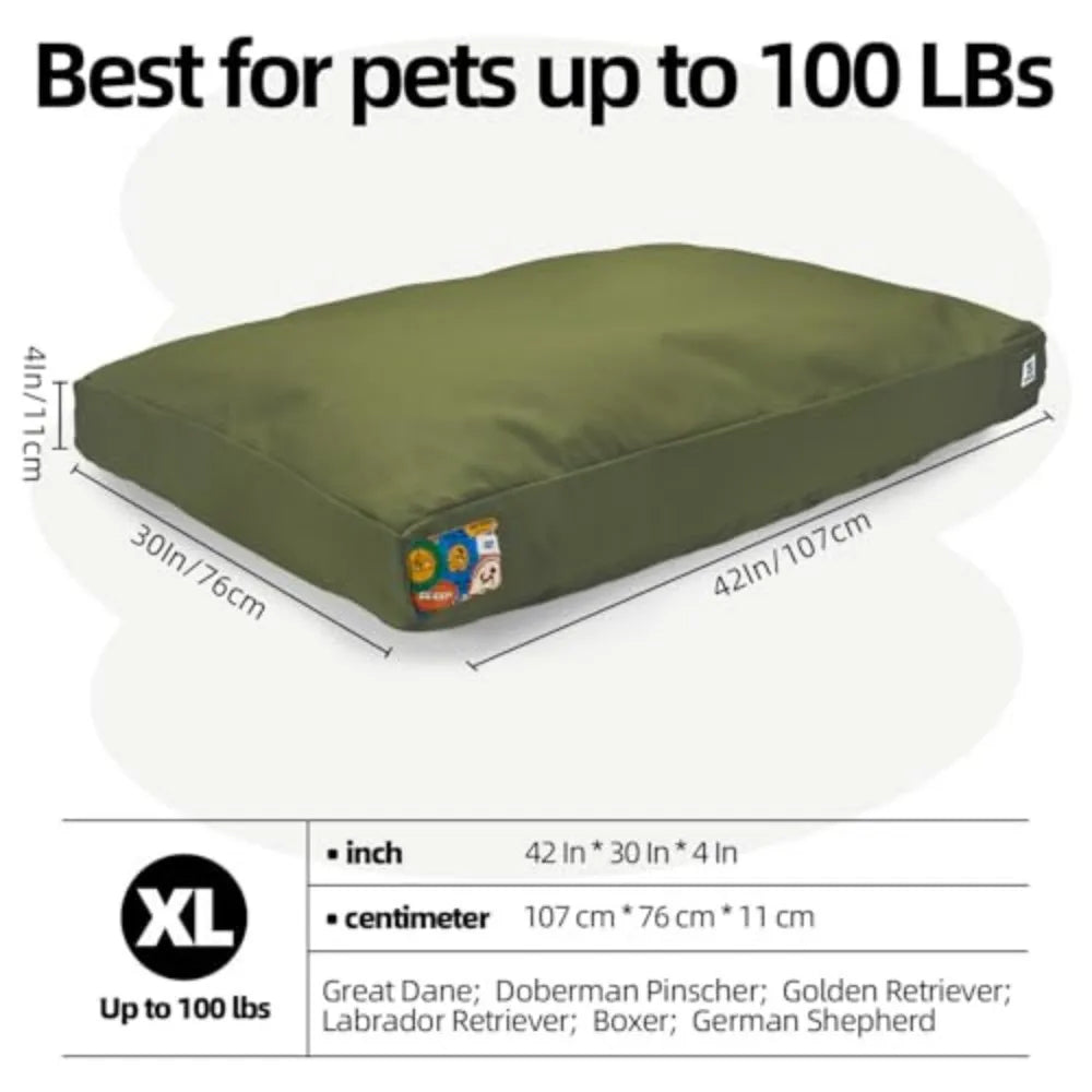 42 Inch Indestructible Canvas Outdoor Dog Bed for Extra Large Dogs, Chew Proof Waterproof Pet Bed with Machine Washable Removable Cover, Durable Indoor Patio Pet Pad for Crate, Green