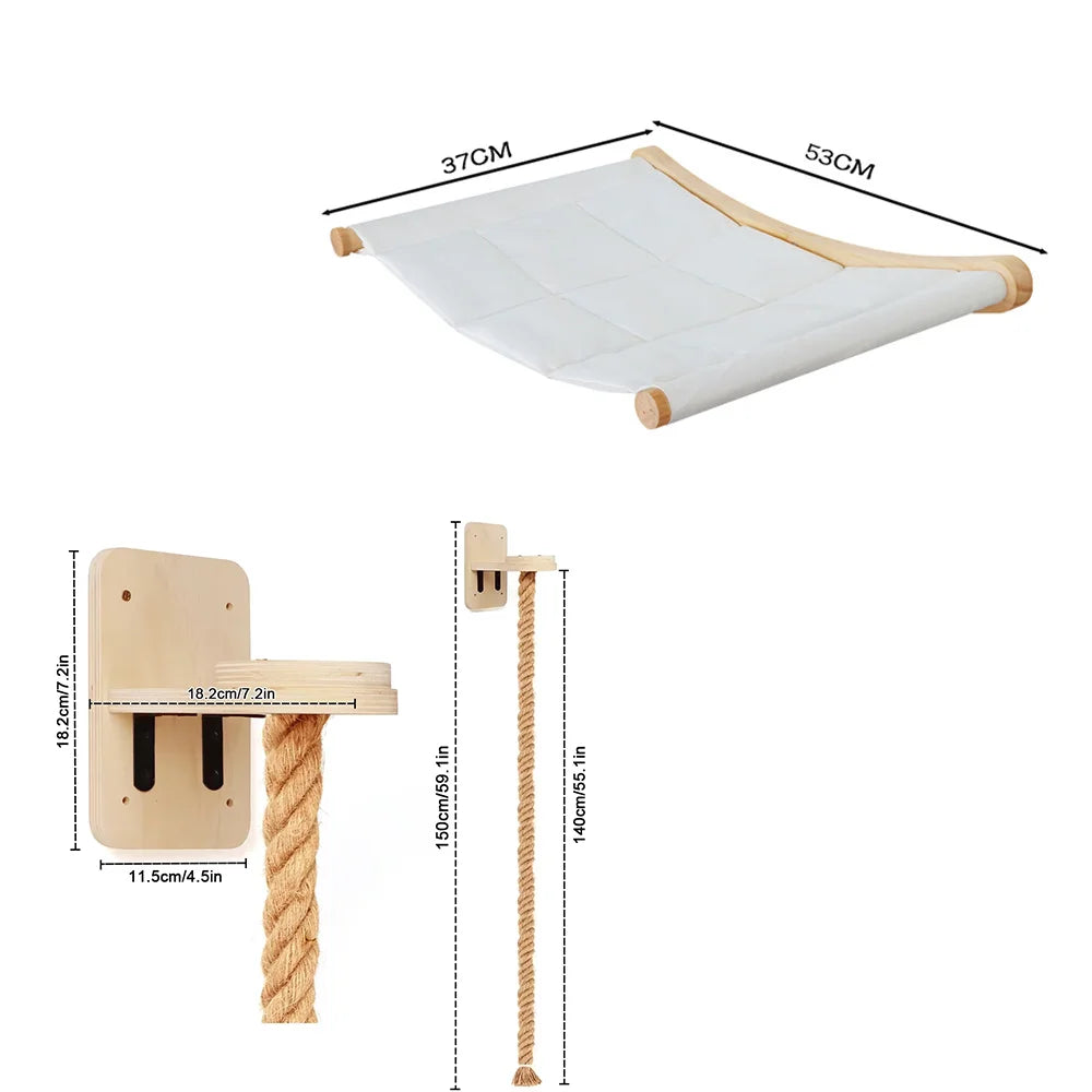 CWV Wall Mounted Cat Hammock With Wooden Sisal Scratching Shelf