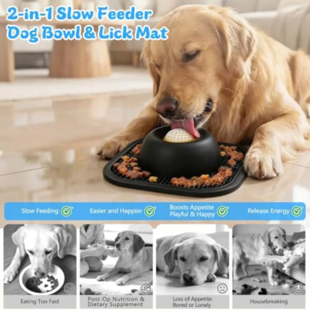 Slow Feeder Dog Bowl with Rolling Ball and Lick Mat