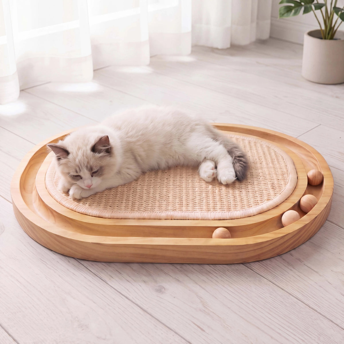 3-in-1 Wooden Cat Scratcher Toy with Sisal and Rolling Balls