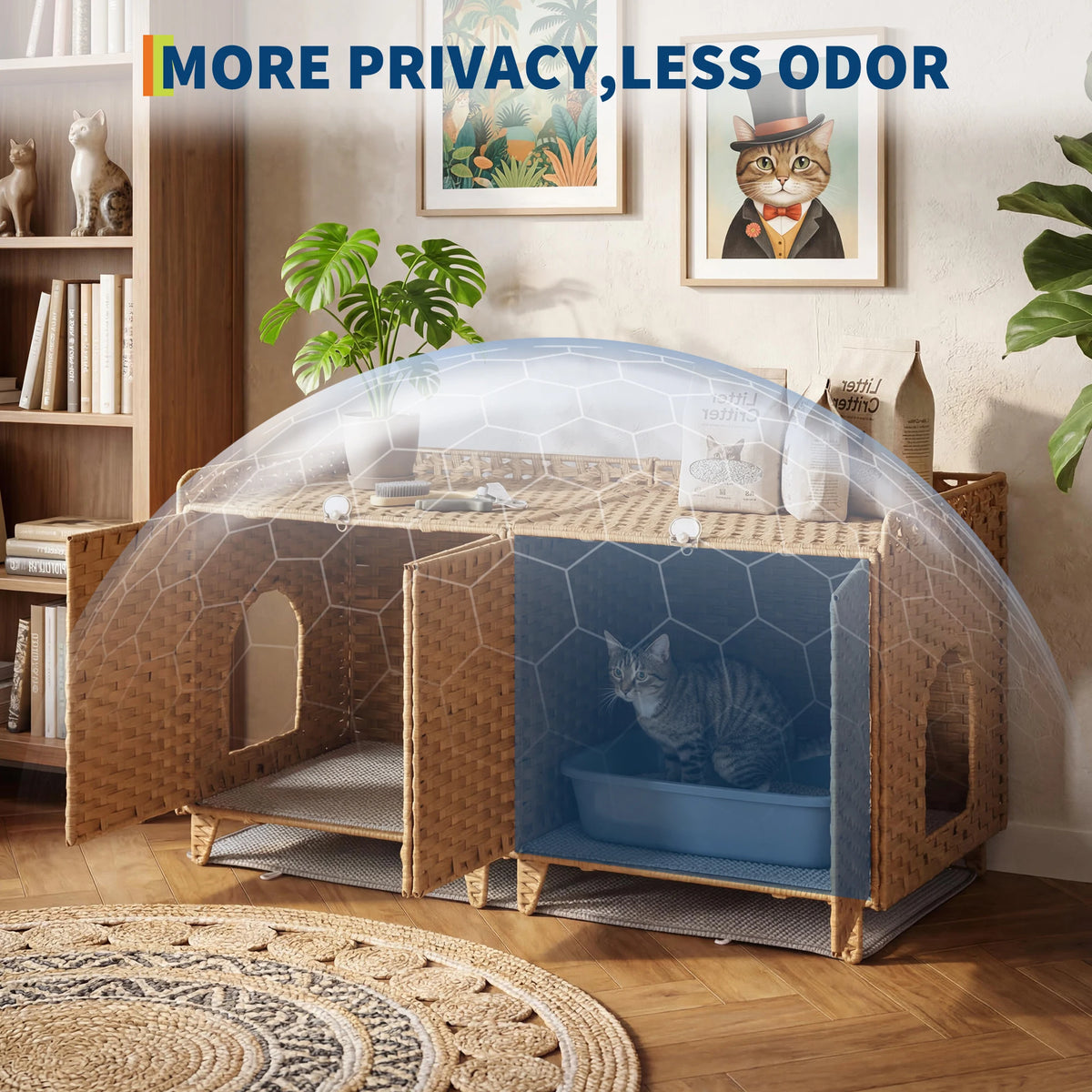 HiMiss Handwoven Rattan Hidden Cat Litter Box Enclosure Furniture