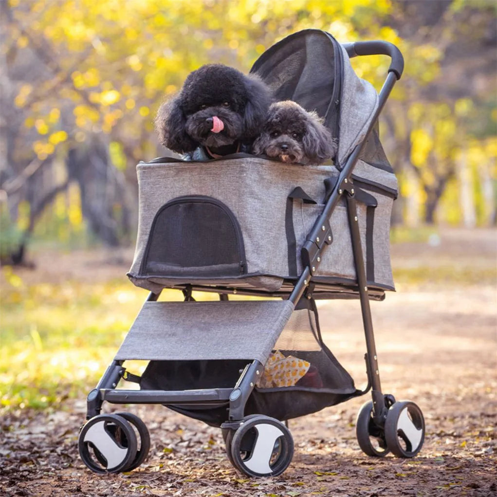 Foldable Four Wheel Pet Stroller With Detachable Storage Basket