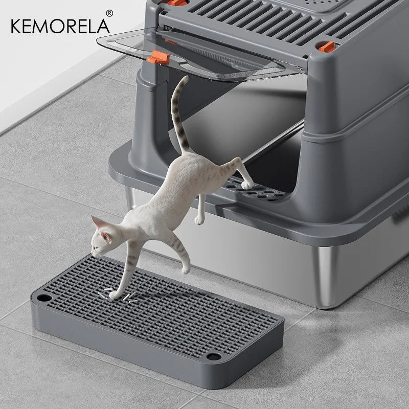 Upgraded Extra Large Enclosed Cat Litter Box with Durable Stainless Steel Base Removable Top for Semi-Enclosed Design High Fence