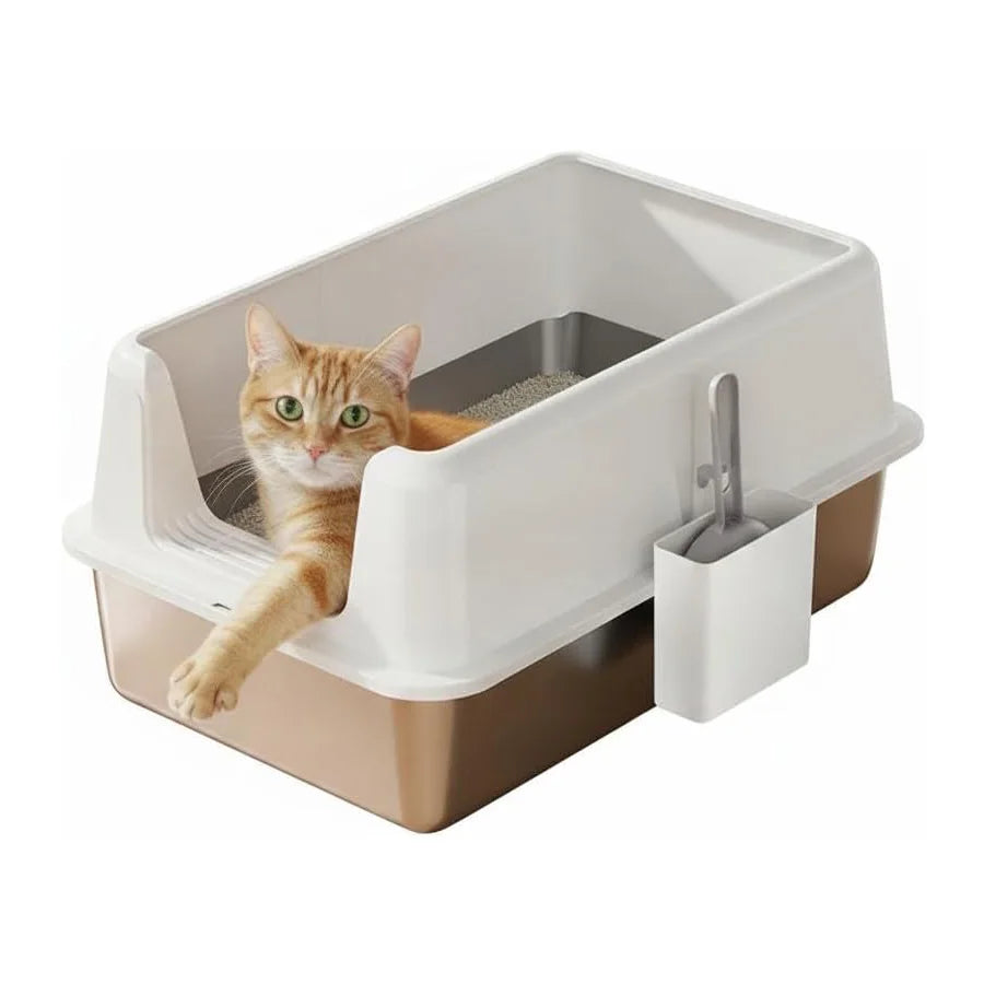 60×40×36.5cm Stainless Steel Cat Litter Tray with Top Entry, Litter Scoop | Extra Large Cat Litter Box with Non-Stick, Odor Resistant, Leak & Splash Proof Easy Clean