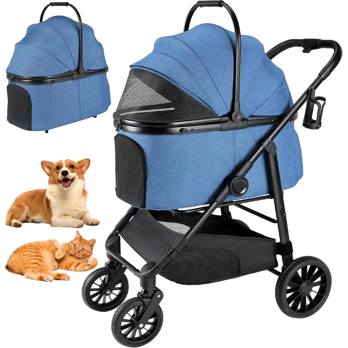Foldable All Terrain Three In One Pet Stroller With Basket