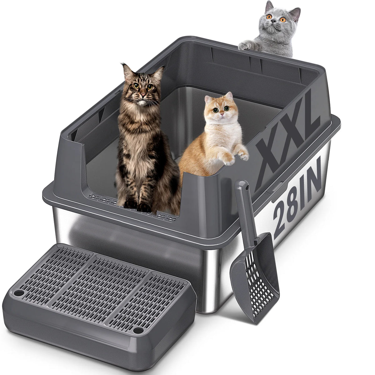Extra Large XXL Stainless Steel Cat Litter Box with Lid, 26' L X 18' W X 12' H Metal Litter Box with High Sides for Big Cats