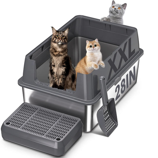 Extra Large XXL Stainless Steel Cat Litter Box with Lid, 26' L X 18' W X 12' H Metal Litter Box with High Sides for Big Cats