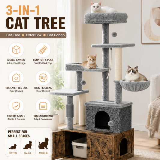 Modern Cat Tree With Hidden Litter Box Condo And Hammock