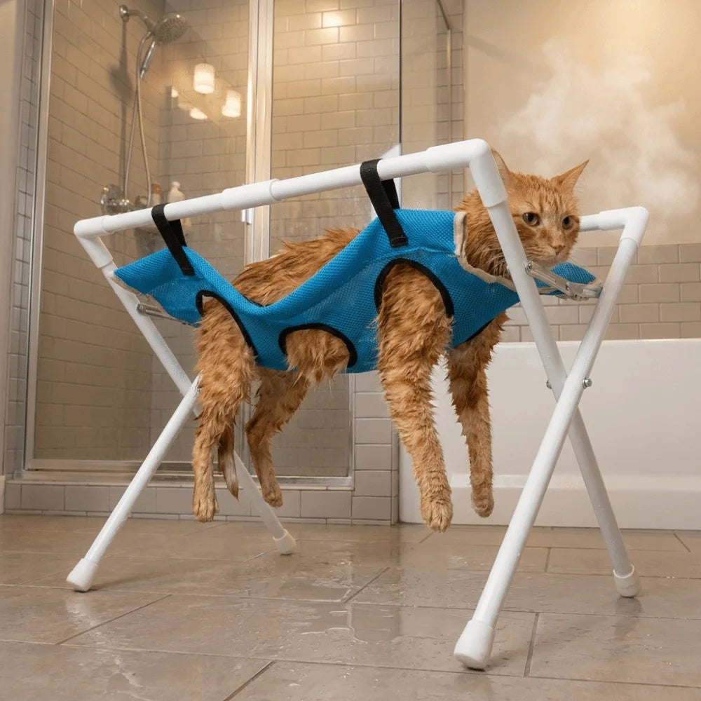 Folding Cat Bathing Rack Breathable Anti-Bite Pet Grooming Hammock Stable Structure Quick-Dry Mesh Pet Washing Station