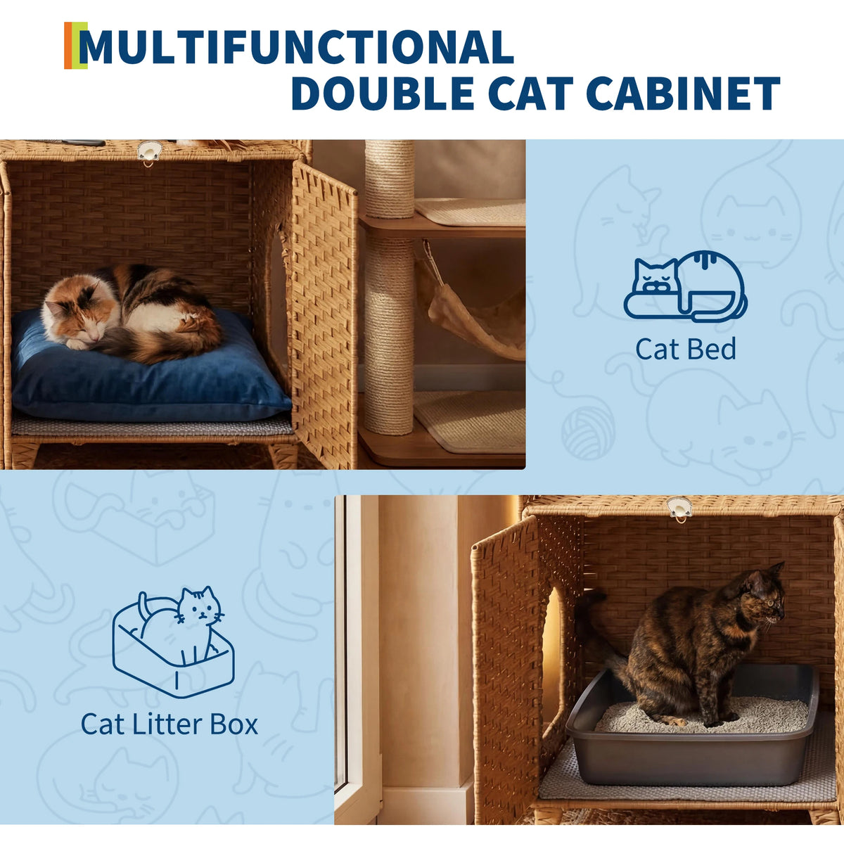 HiMiss Handwoven Rattan Hidden Cat Litter Box Enclosure Furniture