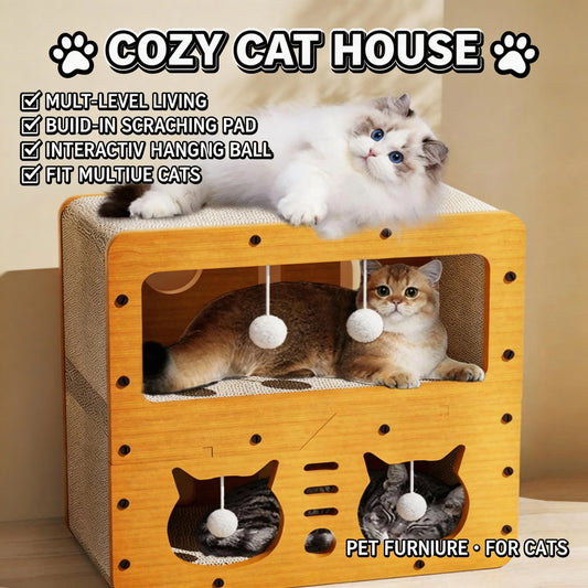 Enclosed Cat Scratcher House With Two Level Bed And Toy