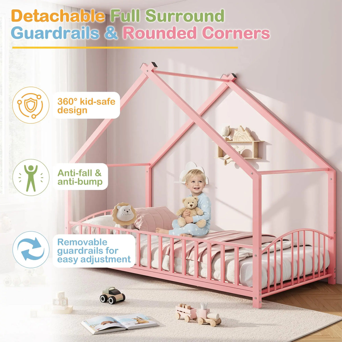 HiMiss Montessori House Floor Bed With Safety Rails