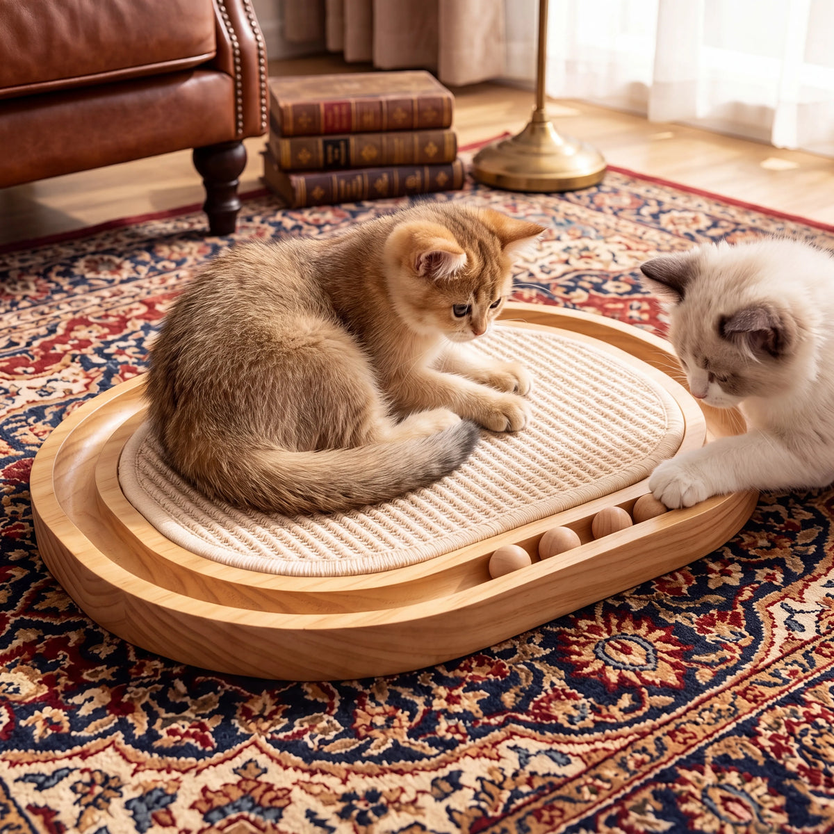 3-in-1 Wooden Cat Scratcher Toy with Sisal and Rolling Balls