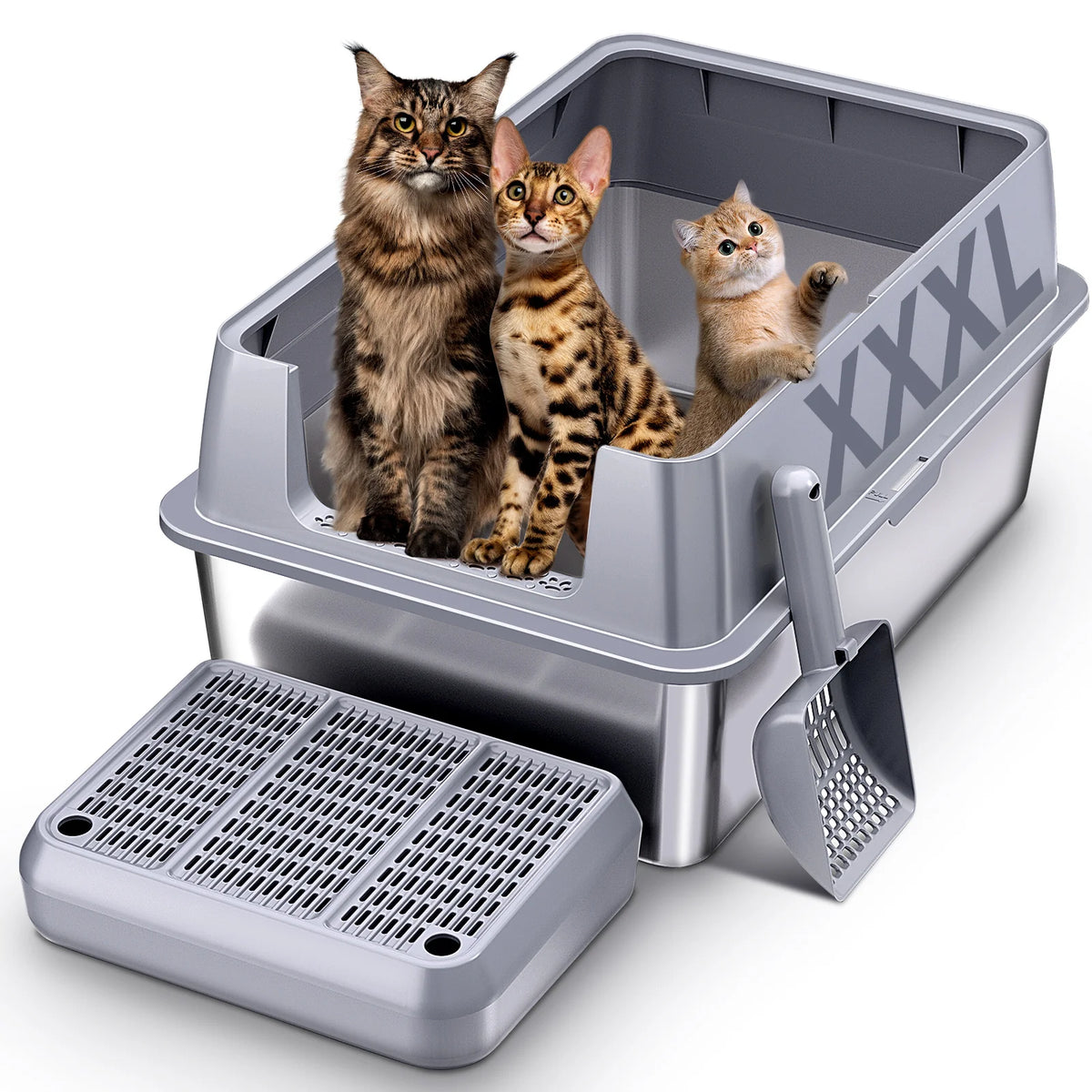 Extra Large XXL Stainless Steel Cat Litter Box with Lid, 26' L X 18' W X 12' H Metal Litter Box with High Sides for Big Cats