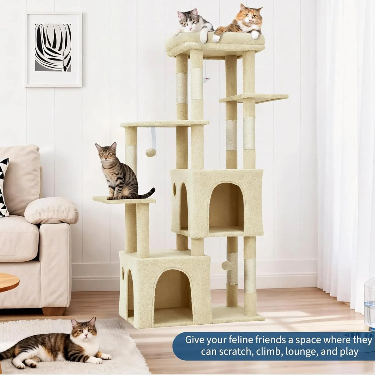 Large Indoor Cat Tree With Scratching Posts And Hanging Toys