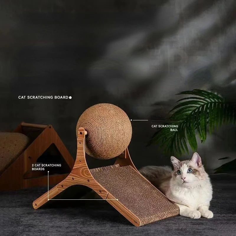 Wooden Cat Climbing Scratching Board With Rotating Sisal Ball