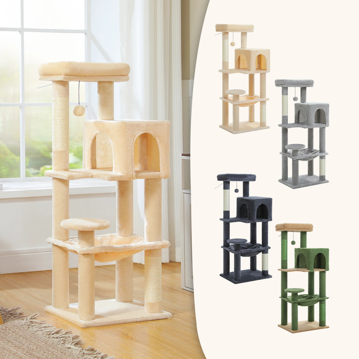 PEQULTI Multilevel Wooden Cat Tree With Scratching Posts And Hammock