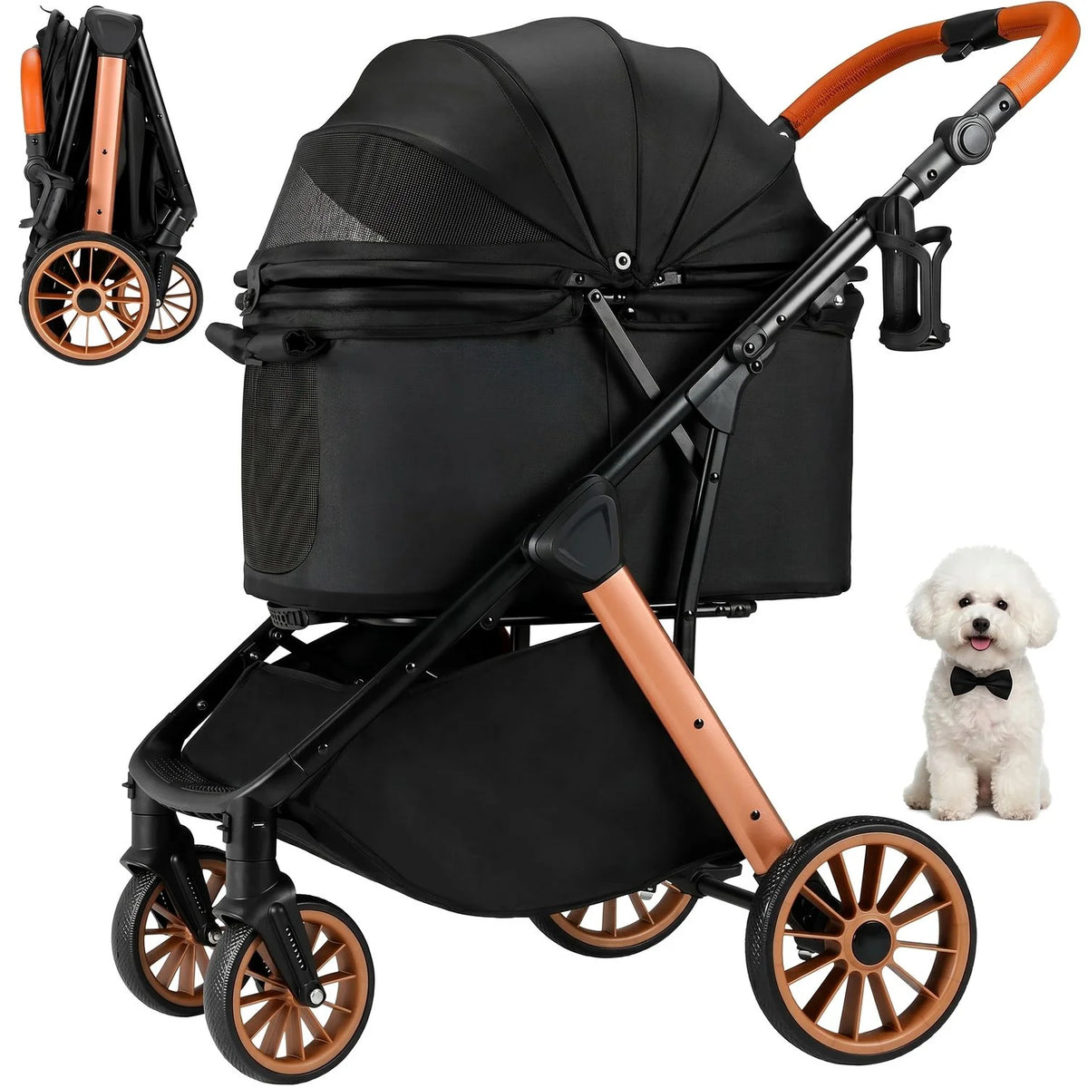 Foldable Pet Stroller With Shock Absorbers And Sun Shade