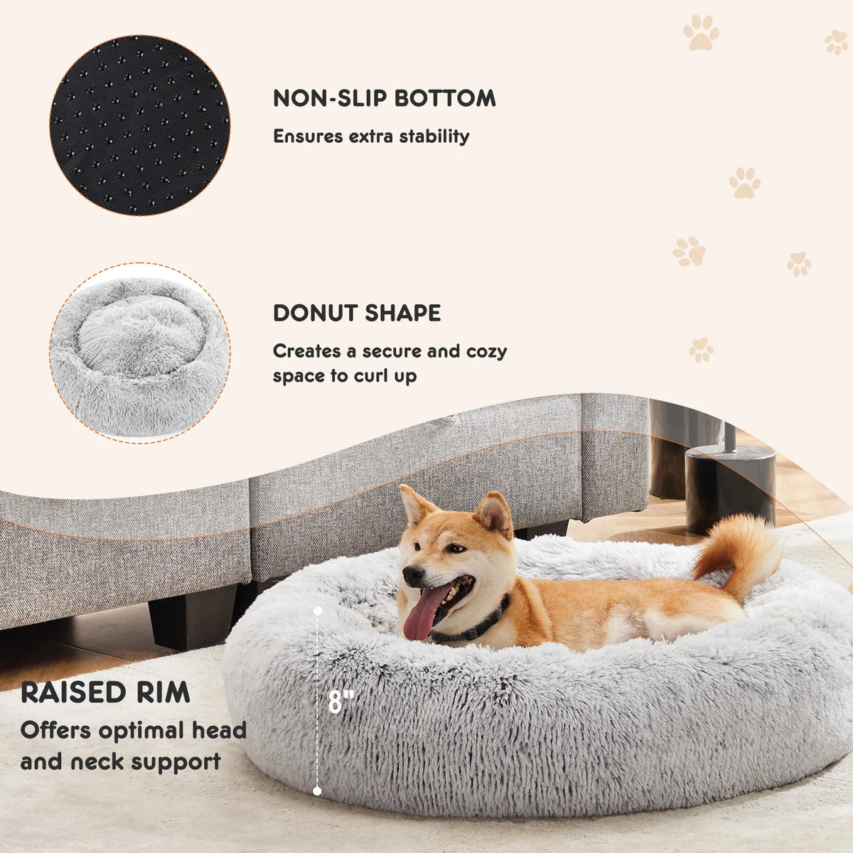 JHK Round Plush Faux Fur Calming Durable Washable Dog Bed