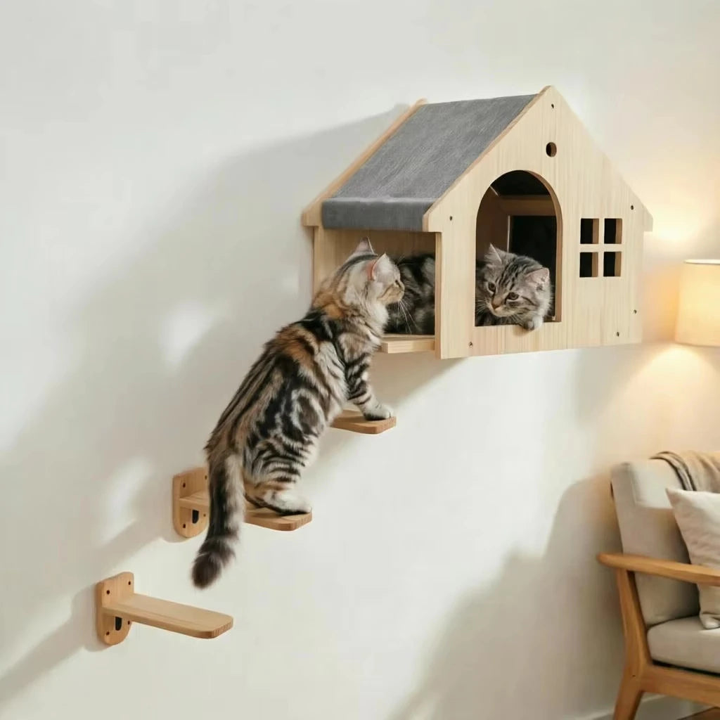 Wall Mounted Wooden Cat Villa Climbing Shelf For Indoor Pets