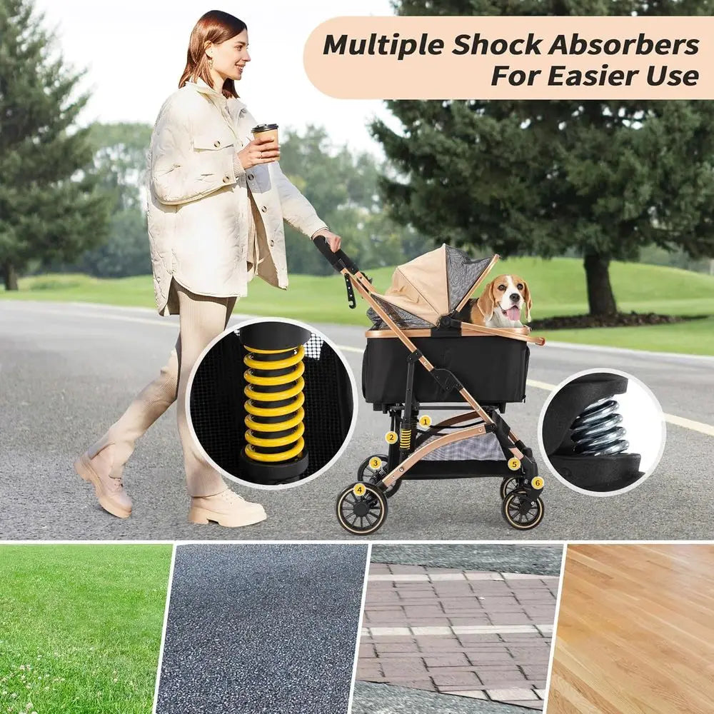 Premium Pet Stroller With Shock Absorbers And Storage Basket
