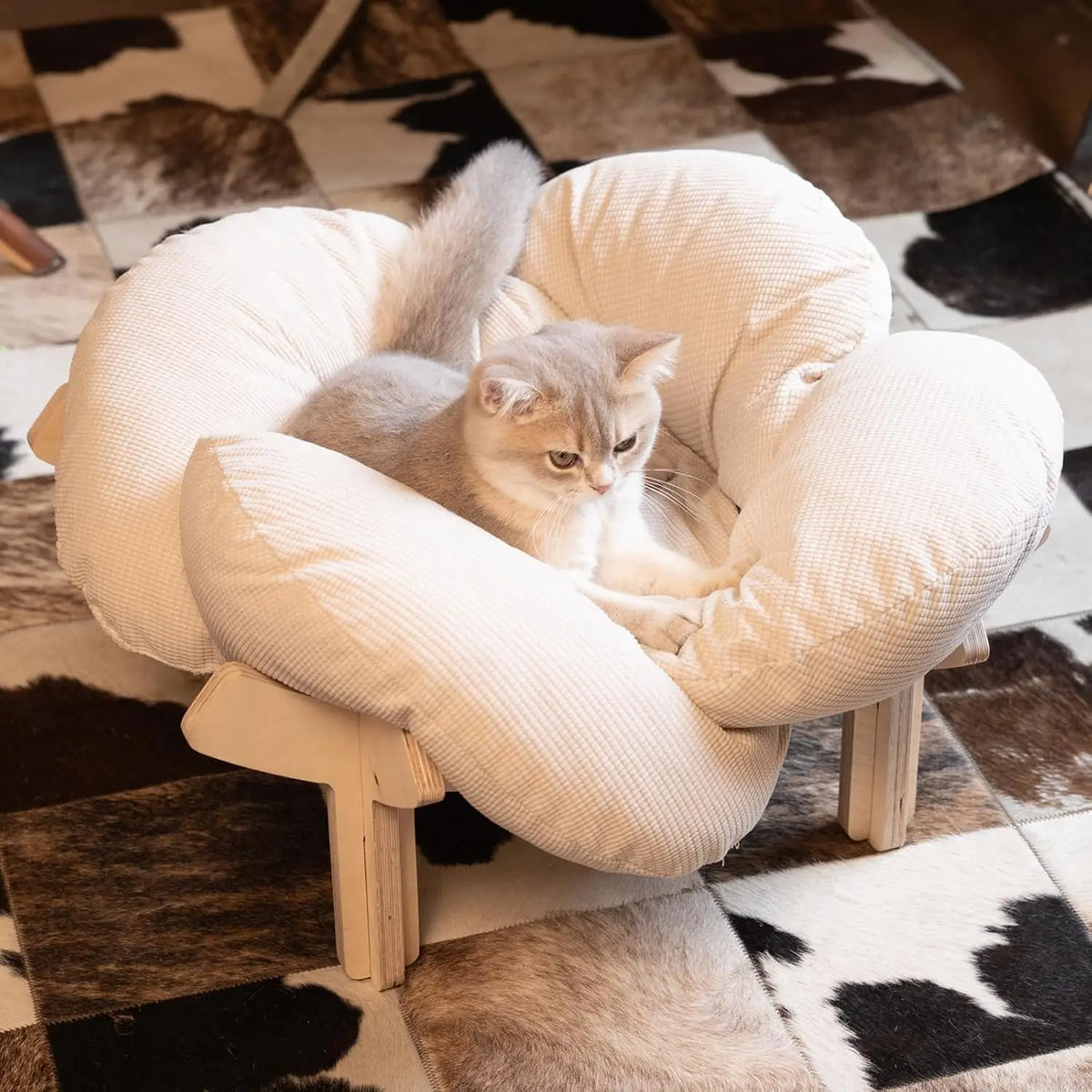 Elevated Wooden Cat Bed With Fluffy Cushion And Pet Lounge