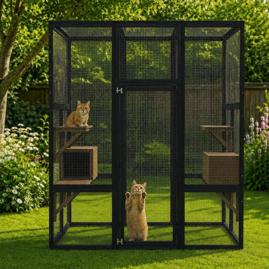 HiMISS Outdoor Cat Catio With Wooden Platforms And Napping Houses