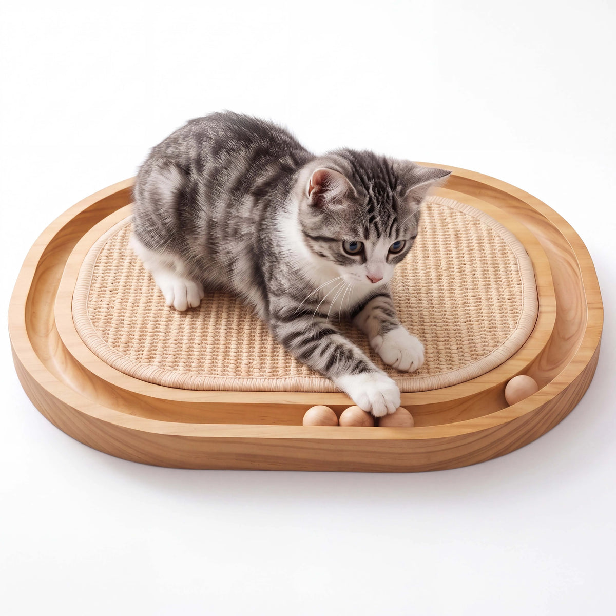 3-in-1 Wooden Cat Scratcher Toy with Sisal and Rolling Balls