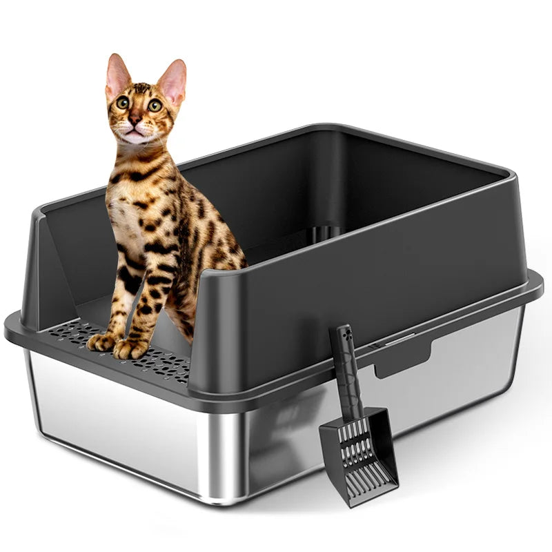 2PACK Stainless Steel Cat Litter Box with High Sides Lid, Extra Large XL Litter Box for Big Cats, Metal Kitty Litter Boxes