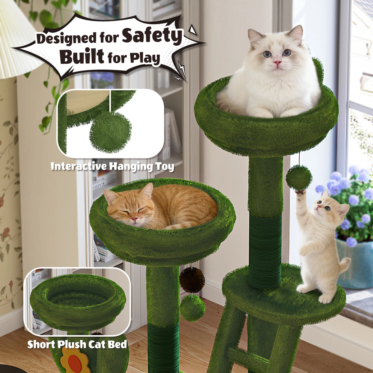 72" Cactus Cat Tree with Transparent Capsule, Tall Cat Tower Condo with Sisal Scratching Posts, Plush Perches & Hanging Toys, Multi-Level Activity Center for Large Indoor Cats