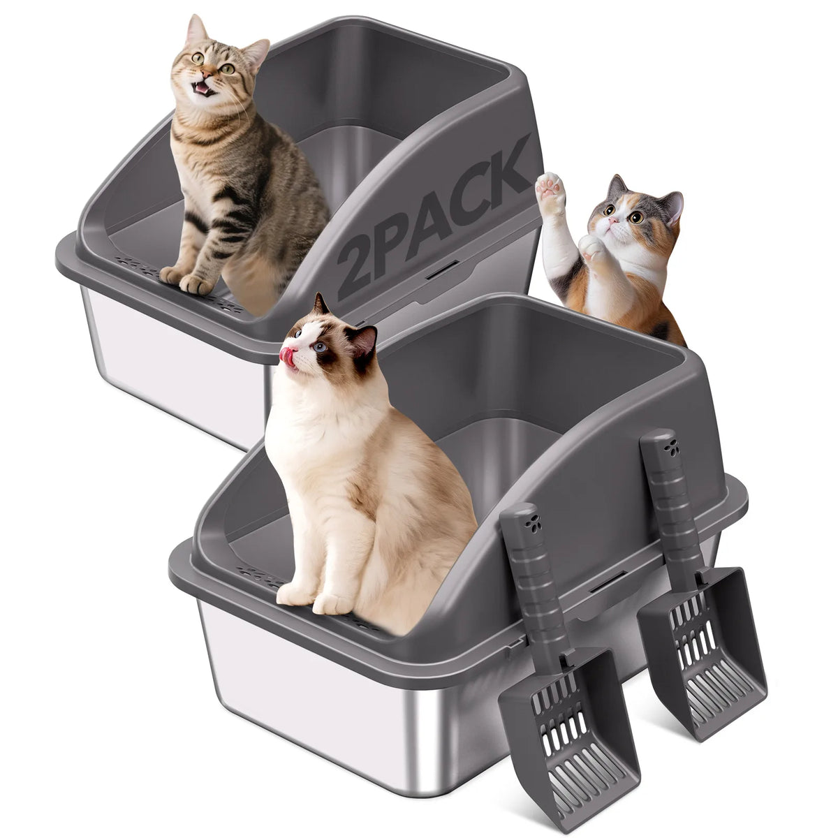 2 Pack Stainless Steel Litter Box, High Sided Metal Cat Litter Tray with Scoop, Filter Pedal for Anti-Splash, Odor Control
