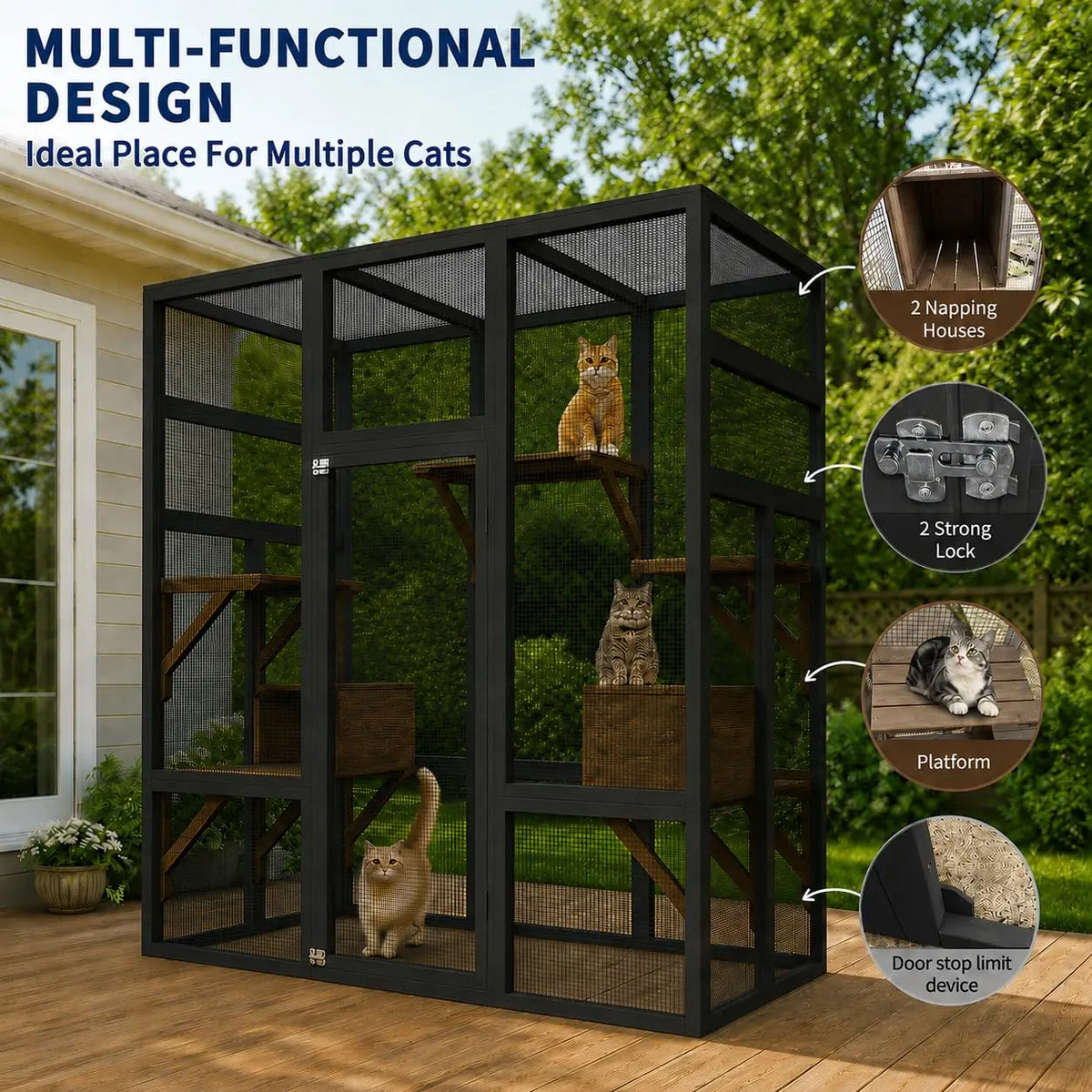 HiMiss Outdoor Wooden Catio Enclosure With Roof And Platforms