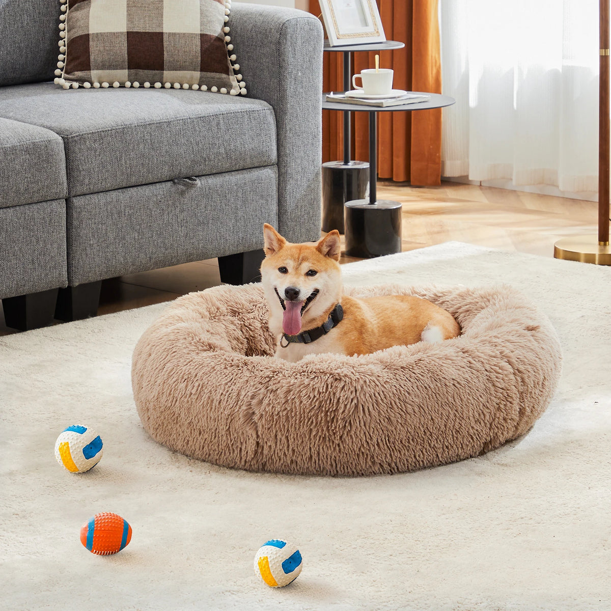 JHK Round Plush Faux Fur Calming Durable Washable Dog Bed