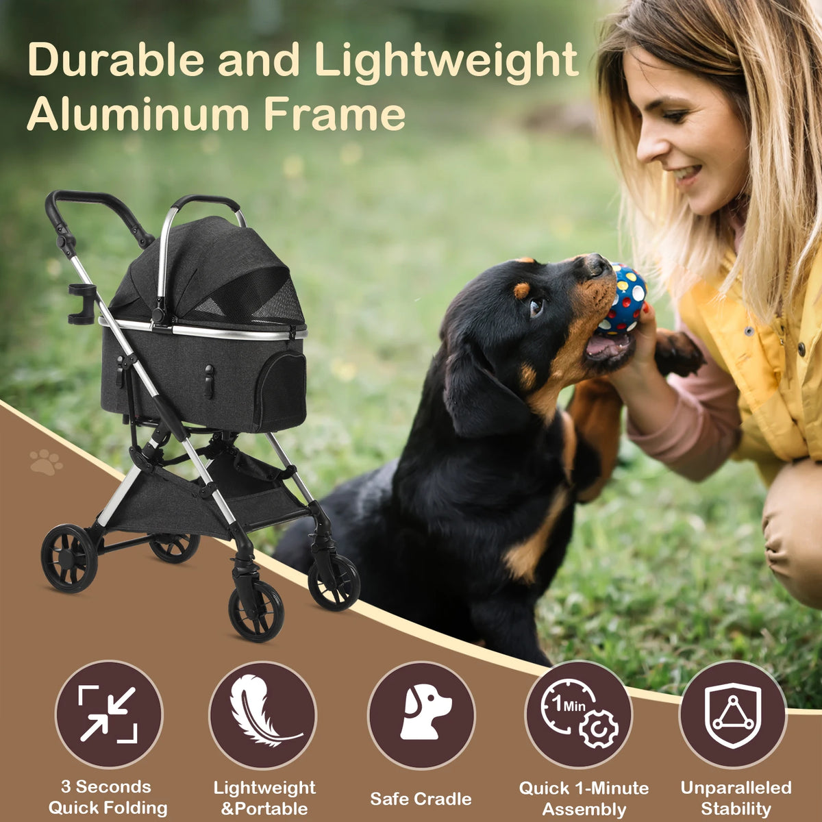 Lightweight Pet Stroller With Quick Fold Design And Detachable Carrier