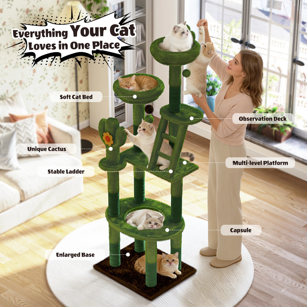 72" Cactus Cat Tree with Transparent Capsule, Tall Cat Tower Condo with Sisal Scratching Posts, Plush Perches & Hanging Toys, Multi-Level Activity Center for Large Indoor Cats