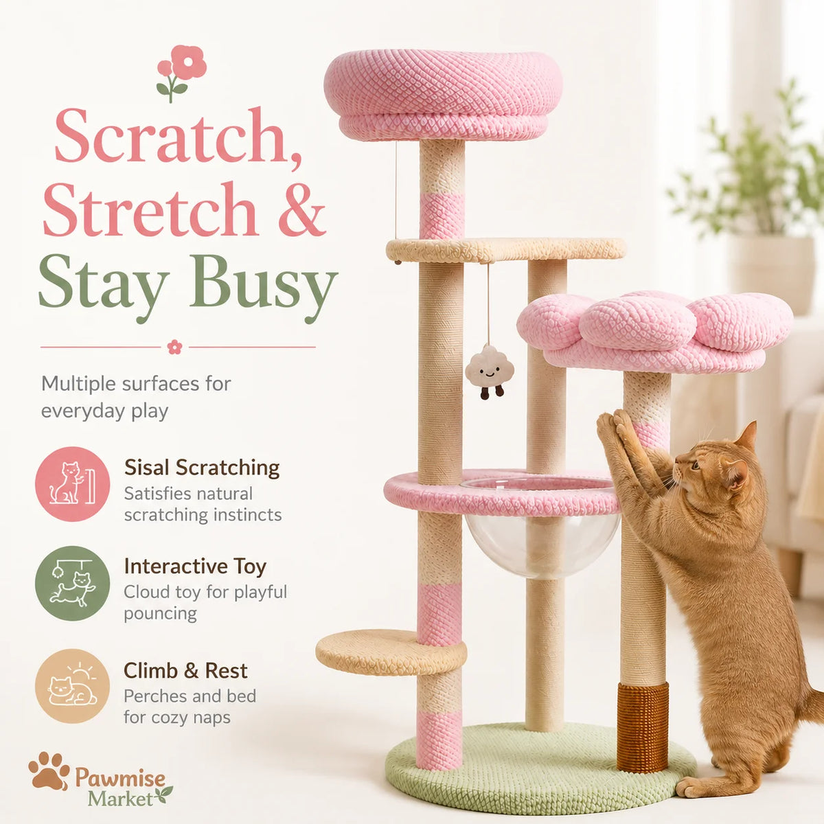 Multi Tier Cat Tree With Sisal Posts And Plush Perches