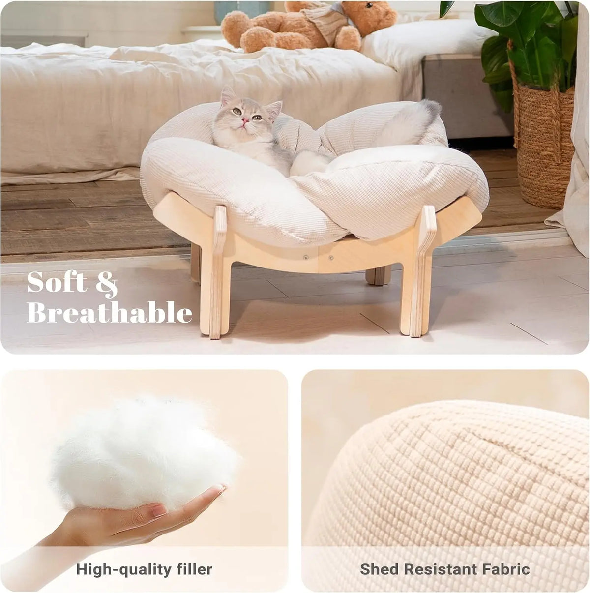 Elevated Wooden Cat Bed With Fluffy Cushion And Pet Lounge