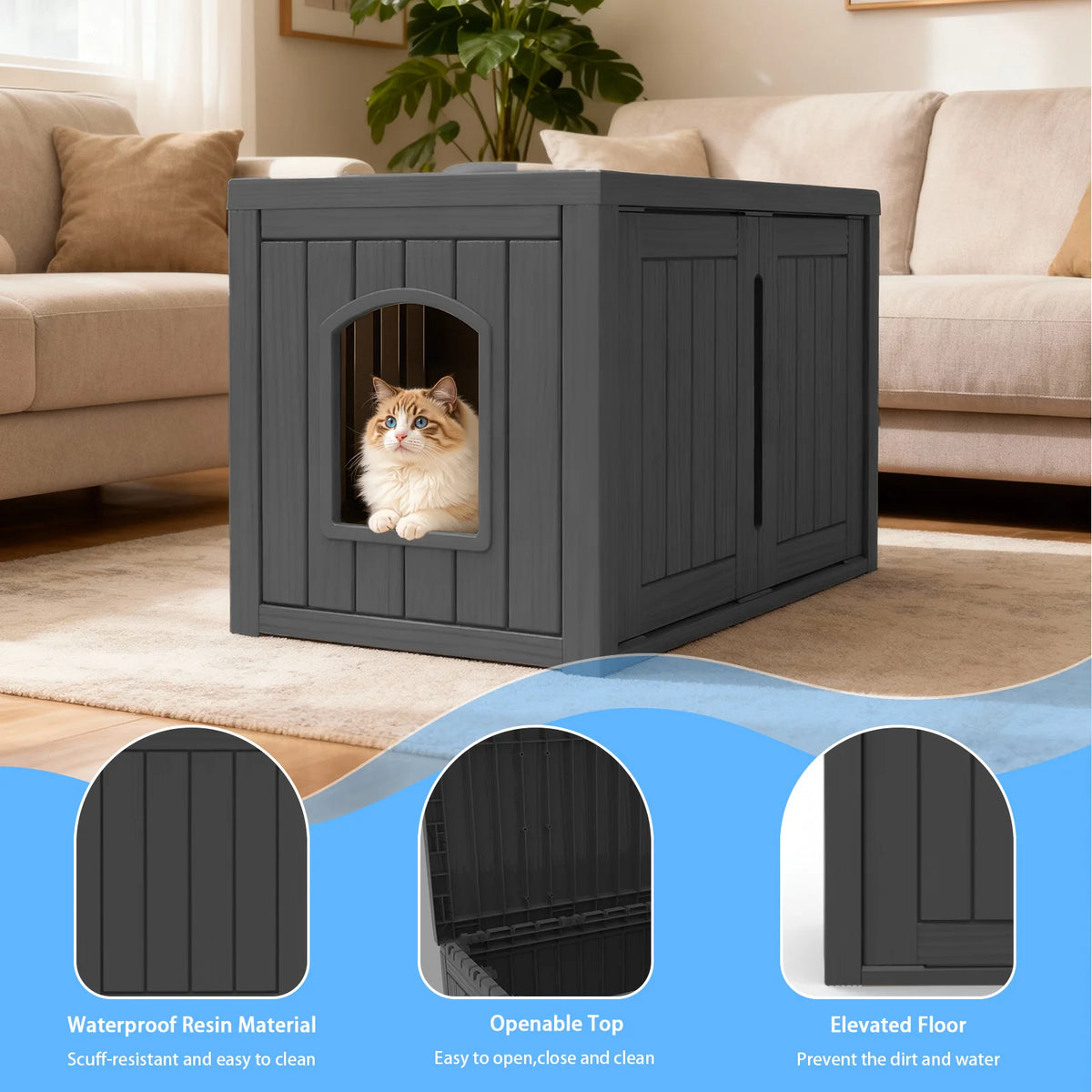 Weatherproof Resin Cat House With Double Doors And Flat Roof