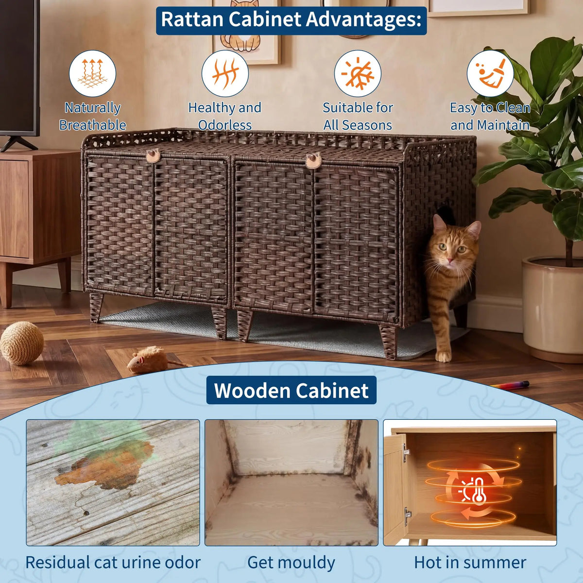 DishyKooker Rattan Double Door Cat Litter Box Cabinet