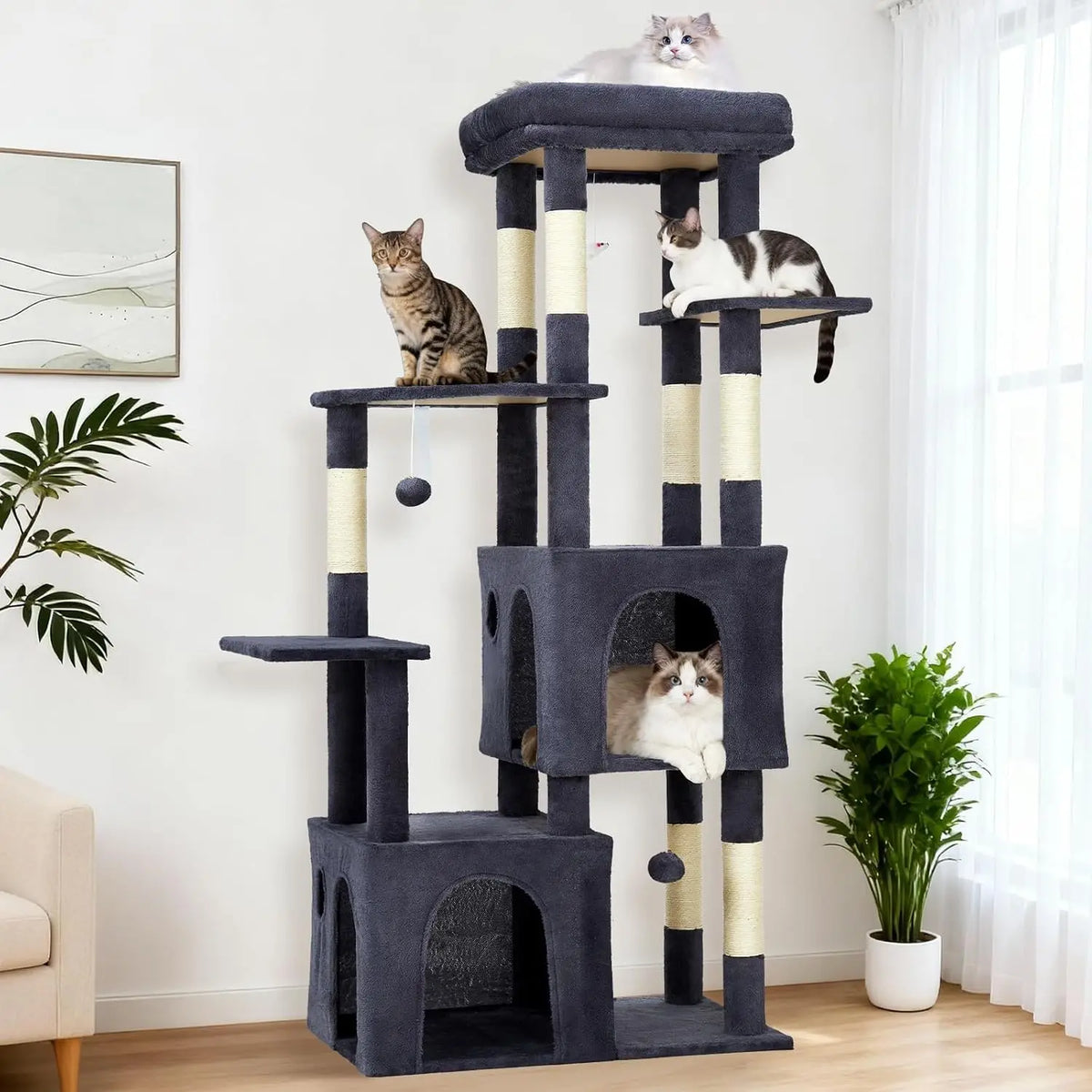 Large Indoor Cat Tree With Scratching Posts And Hanging Toys